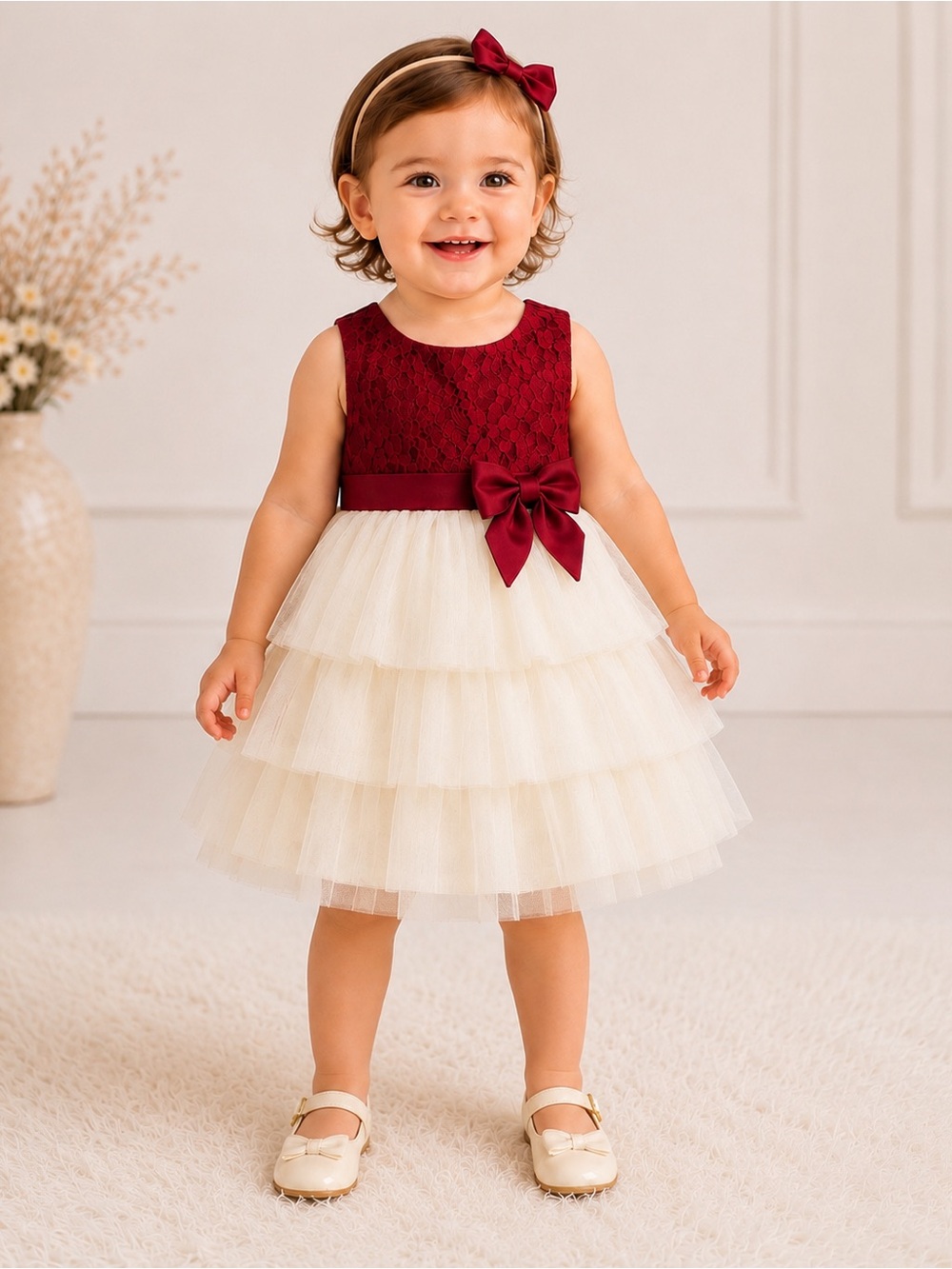American Princess Burgundy Ivory Lace Tulle Flower Girl Christmas Dress Bow 24M